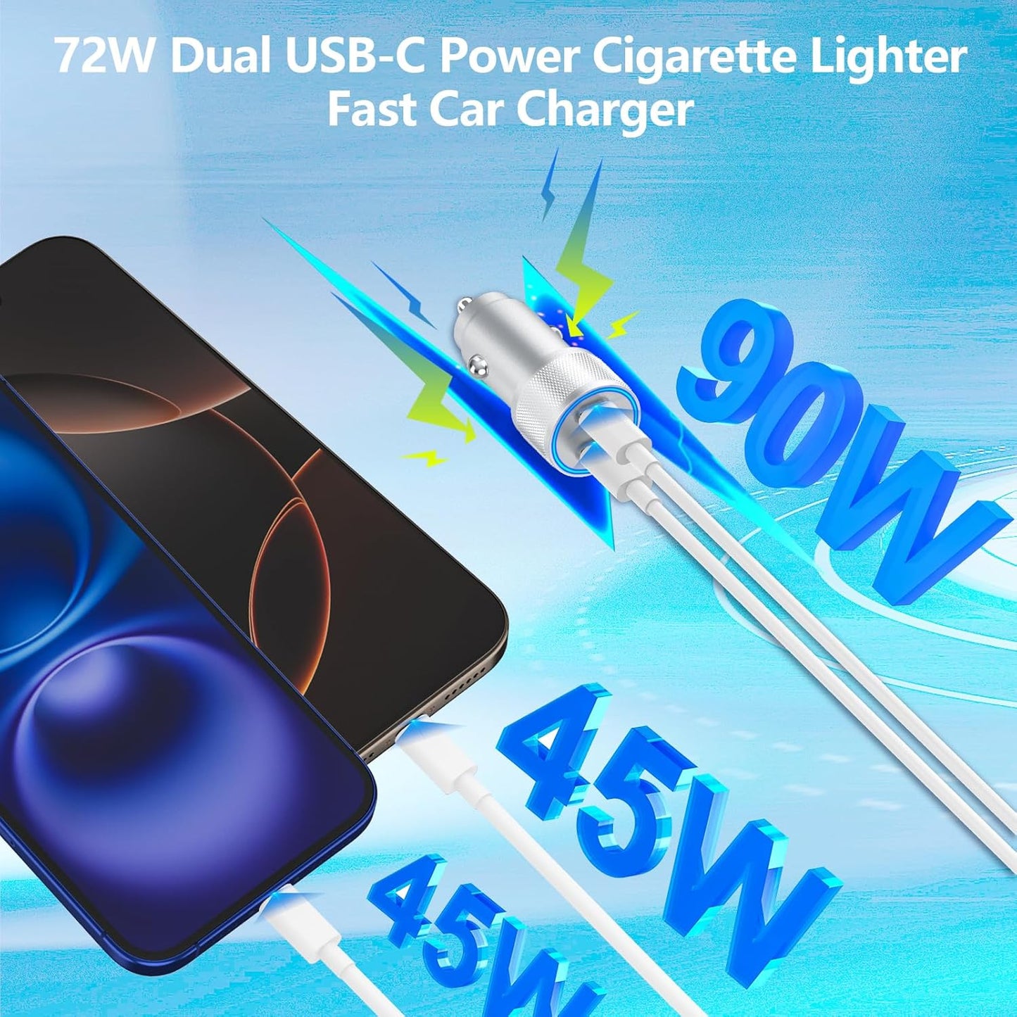 【Apple Mfi Certified】Iphone 16 Car Charger Fast Charging, 90W PD Power Cigarette Lighter USB-C Car Carplay Charger with 2Pack Type-C Cable for Iphone 16 Pro Max/15/15 Pro/Galaxy S24/S23/Pixel