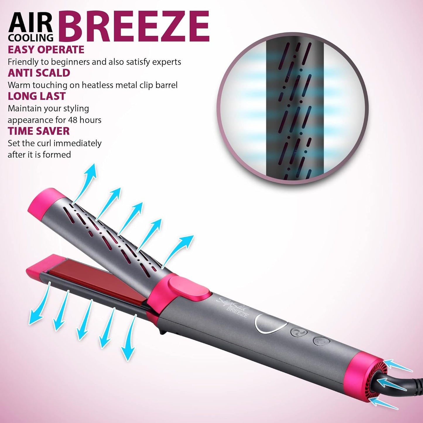 Breeze Airflow Hair Styler, 2-In-1 Hair Straightener and Curler, Create No Damage Long Last Bouncy Curls Waves & Smooth Straight, Ceramic Tourmaline Flat Iron Curling Iron with 5 Heat Settings