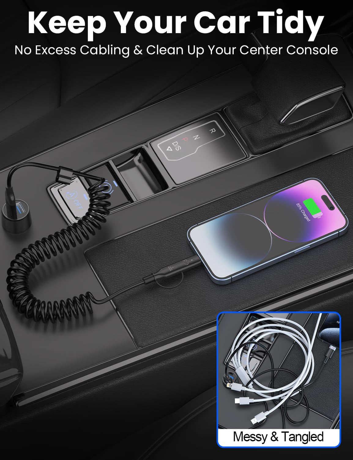 Car Carplay Cable for Iphone 15, Coiled 4-In-1 USB-C Cable, 3FT Car Charger for Iphone 16, 15 Pro Max, Samsung Galaxy, Google Pixel, Supports Carplay & Android Auto (1, Black)
