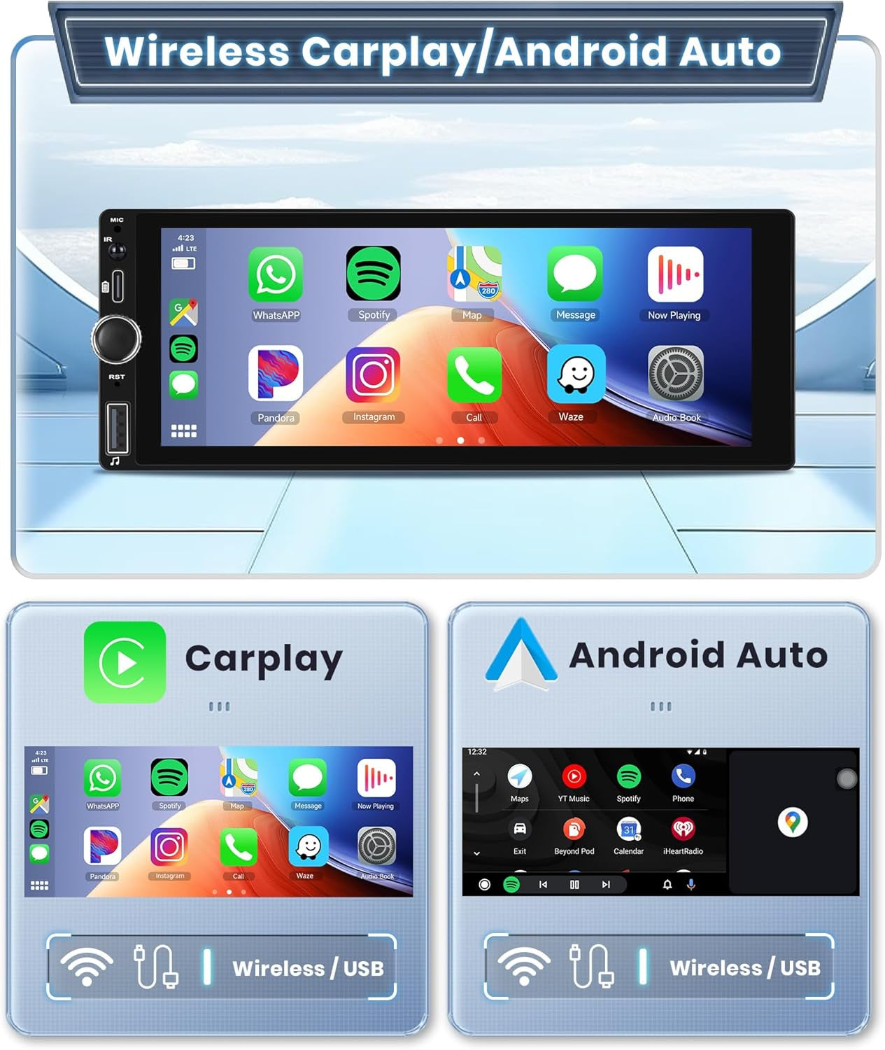 Single Din Car Stereo Wireless Carplay Android Auto 6.86 Inch 1 Din Touch Screen Car Radio Bluetooth FM/RDS EQ Backup Camera USB Type-C SWC AUX in TF