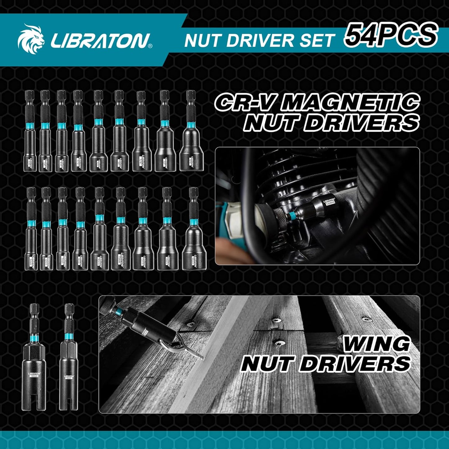 LIBRATON 54-Piece Magnetic Nut Driver Set - Complete 1/4" Impact Drill Bit Kit with Metric & SAE Drivers, Socket Adapters & Storage Box