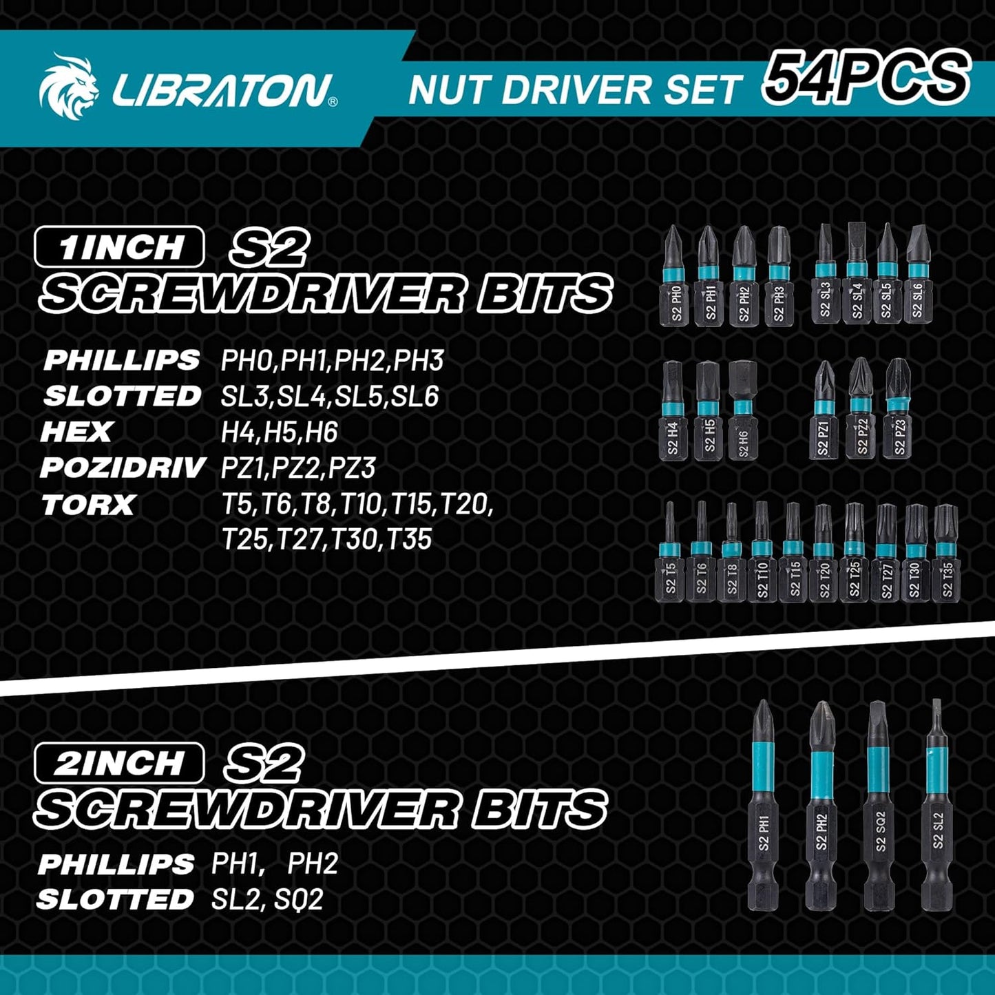 LIBRATON 54-Piece Magnetic Nut Driver Set - Complete 1/4" Impact Drill Bit Kit with Metric & SAE Drivers, Socket Adapters & Storage Box