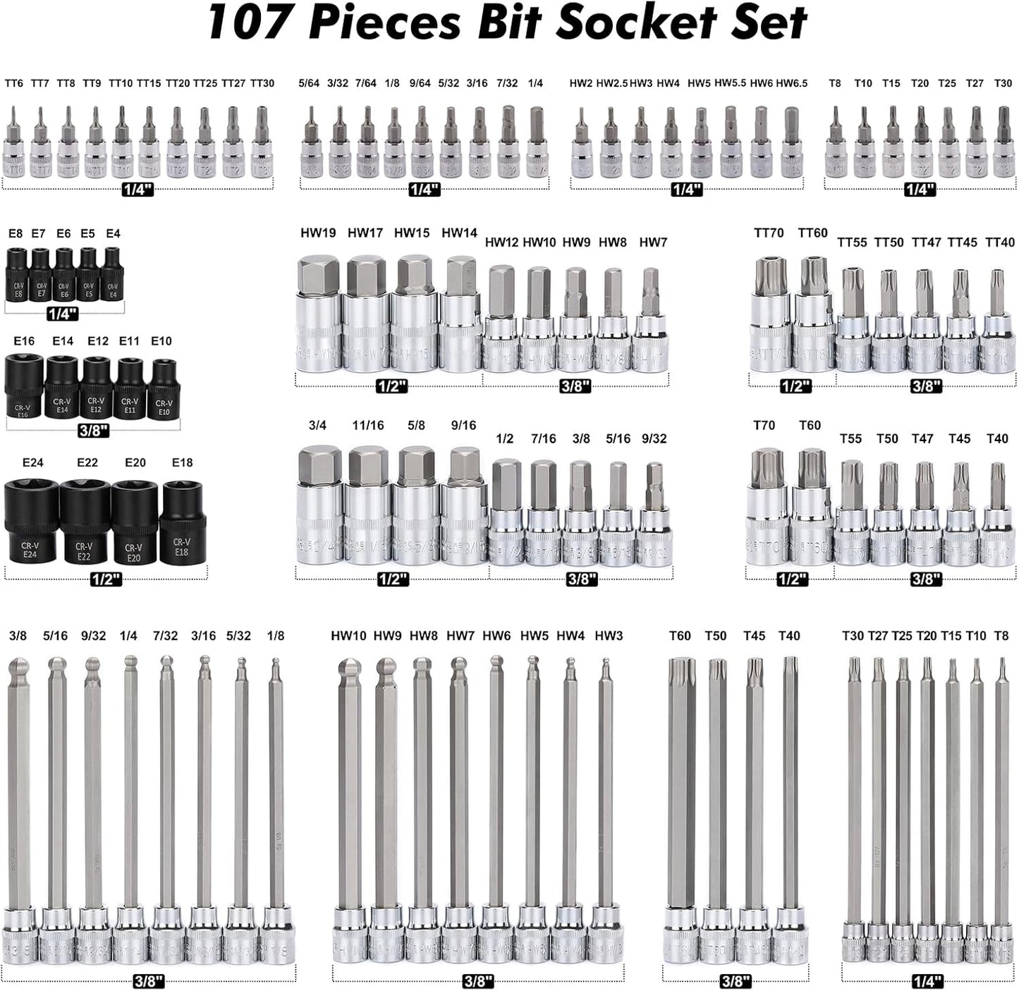 Mayouko 107-Piece Master Bit Socket Set - 1/4", 3/8" & 1/2" Drive with Torx, Hex, Ball End & SAE/Metric Bits