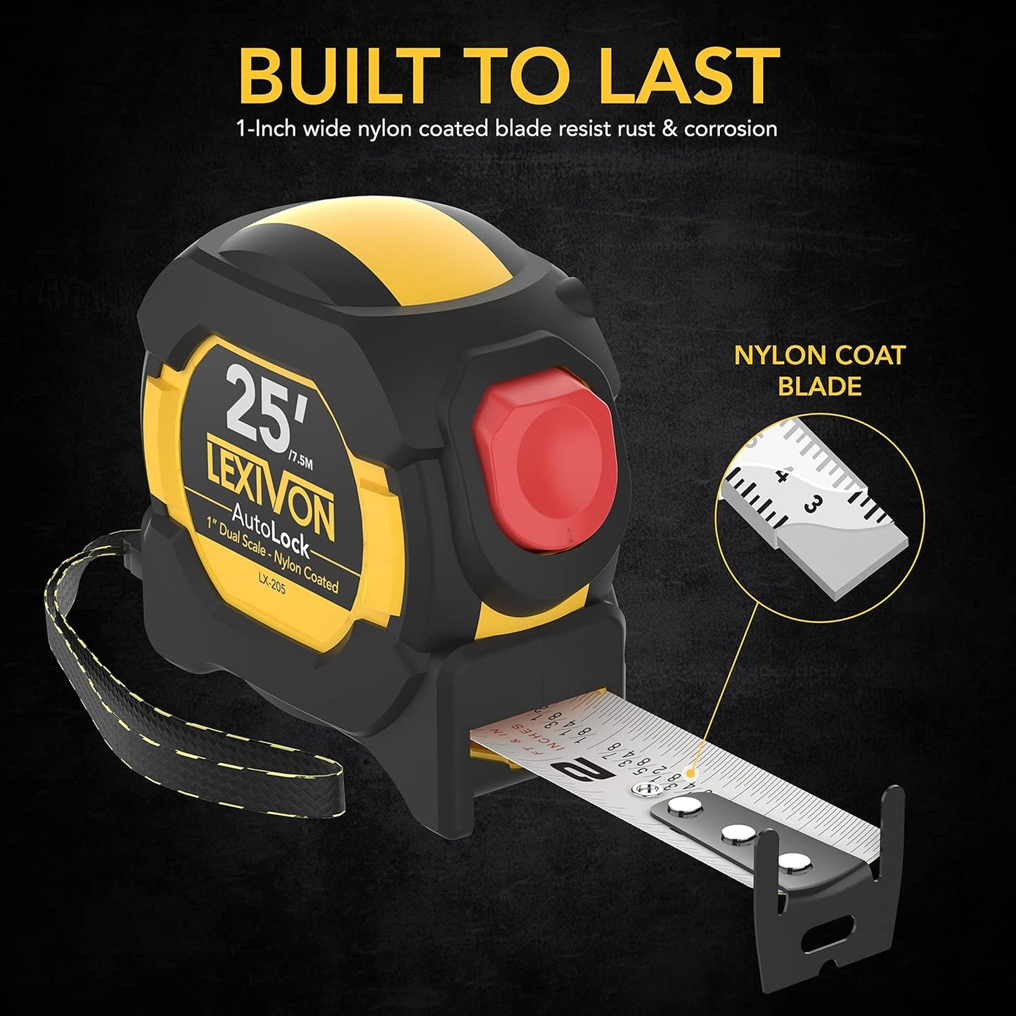 LEXIVON LX-205 25ft/7.5m AutoLock Tape Measure - 1" Wide Blade with Nylon Coating & Dual-Sided Rule Print