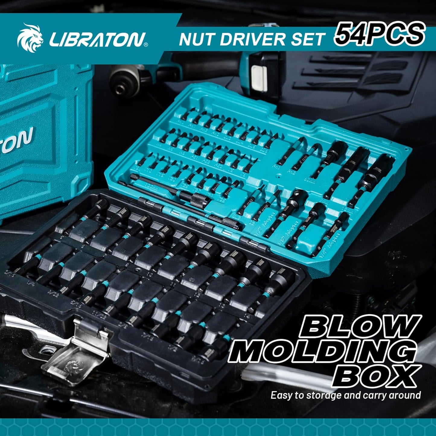 LIBRATON 54-Piece Magnetic Nut Driver Set - Complete 1/4" Impact Drill Bit Kit with Metric & SAE Drivers, Socket Adapters & Storage Box