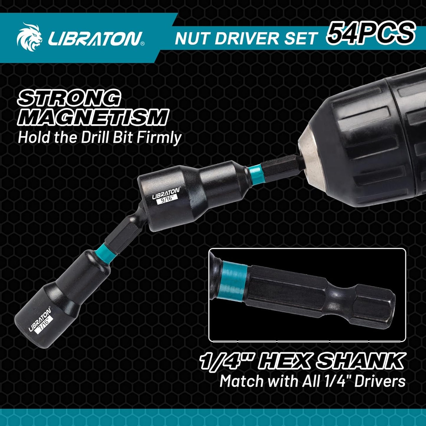 LIBRATON 54-Piece Magnetic Nut Driver Set - Complete 1/4" Impact Drill Bit Kit with Metric & SAE Drivers, Socket Adapters & Storage Box
