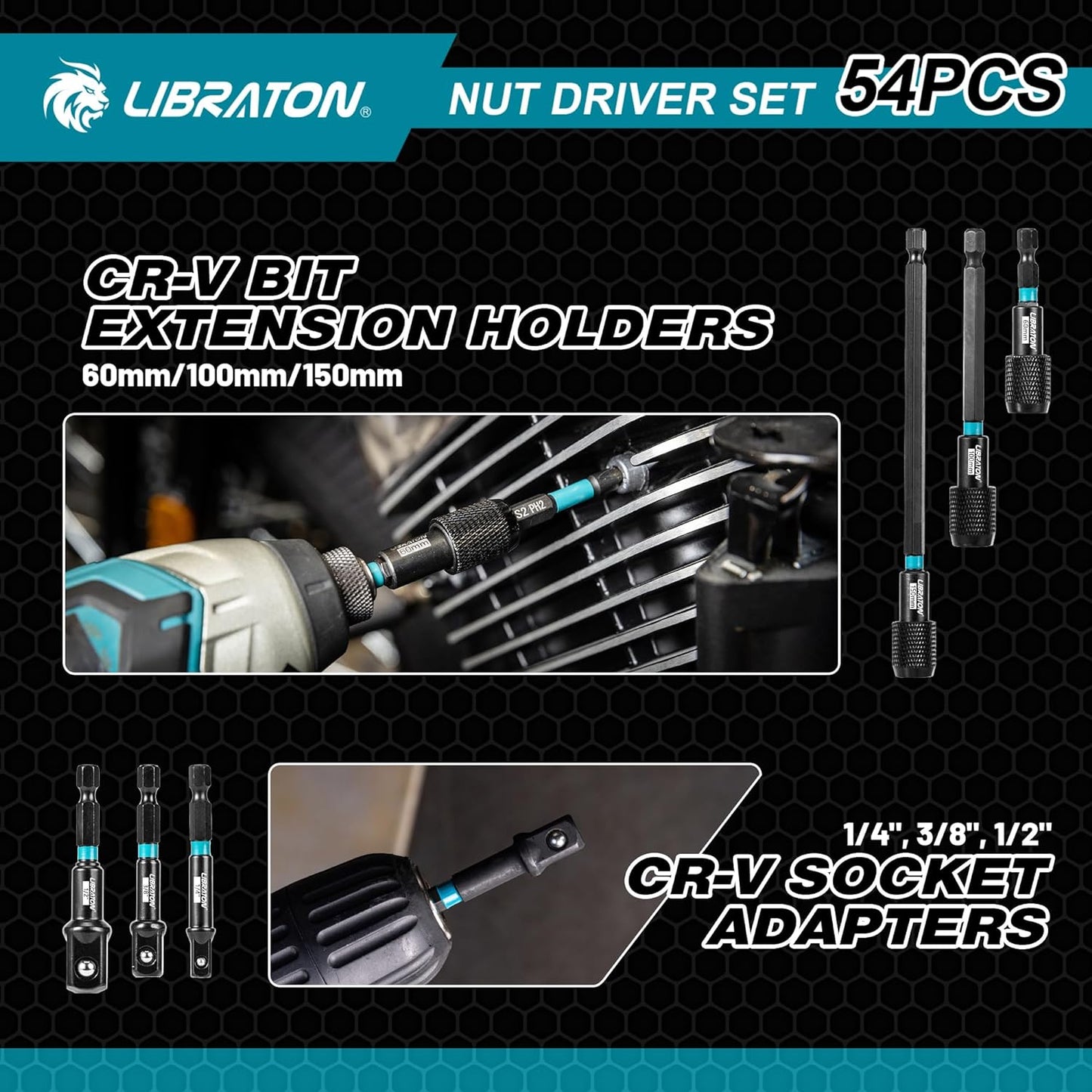 LIBRATON 54-Piece Magnetic Nut Driver Set - Complete 1/4" Impact Drill Bit Kit with Metric & SAE Drivers, Socket Adapters & Storage Box