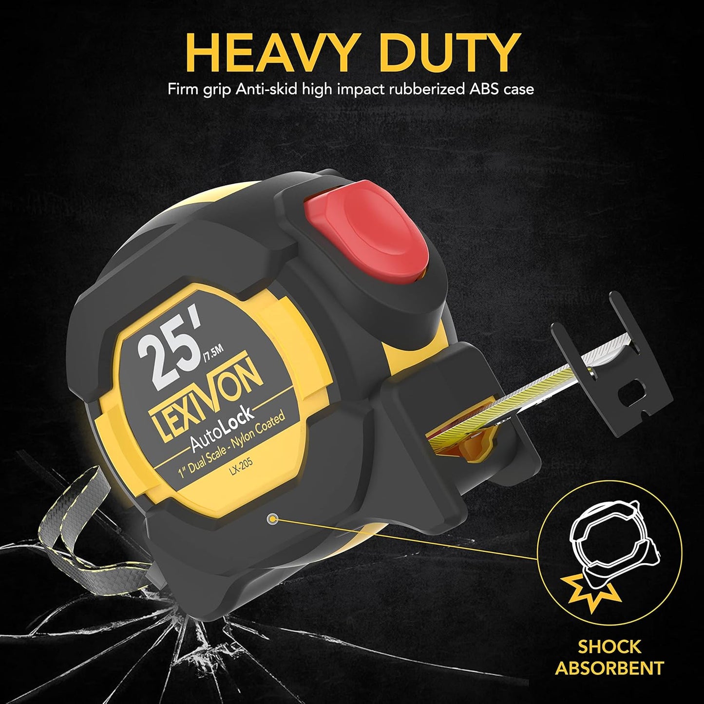 LEXIVON LX-205 25ft/7.5m AutoLock Tape Measure - 1" Wide Blade with Nylon Coating & Dual-Sided Rule Print