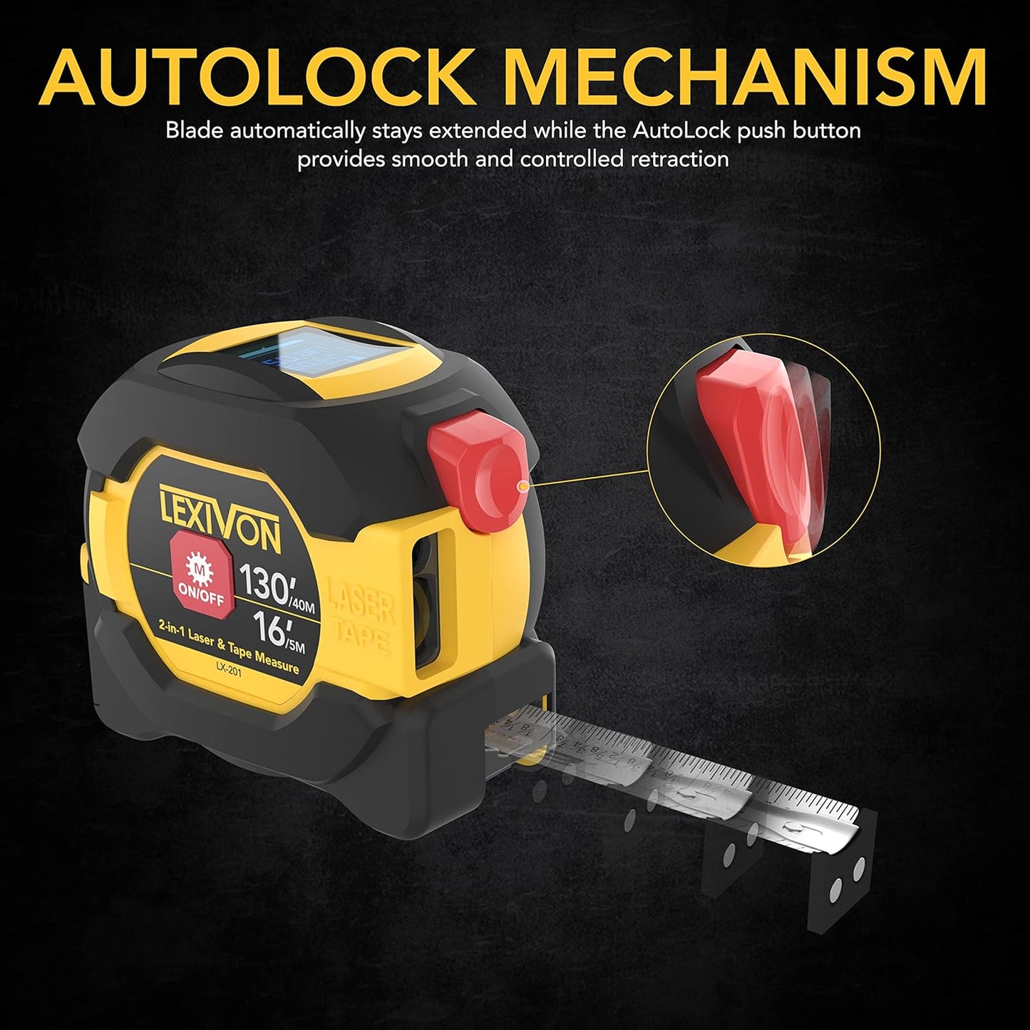 LEXIVON LX-201 2-in-1 Digital Laser Tape Measure - 130ft/40m Laser Distance Meter with 16ft/5m AutoLock Measuring Tape