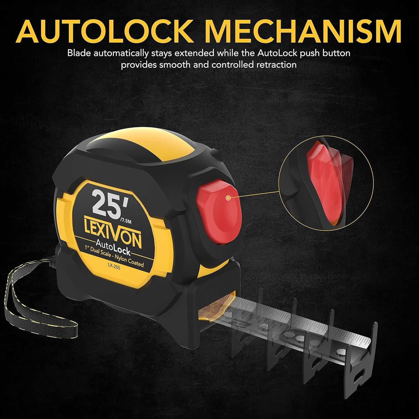 LEXIVON LX-205 25ft/7.5m AutoLock Tape Measure - 1" Wide Blade with Nylon Coating & Dual-Sided Rule Print