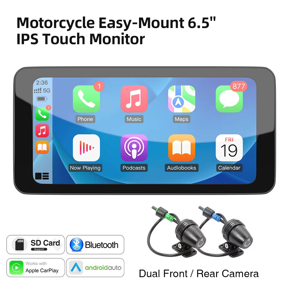 6.5Inch Motorcycle Carplay Android Auto Navigation Monitor Tire Pressure Display Portable IPS Screen Waterproof AUX Bluetooth