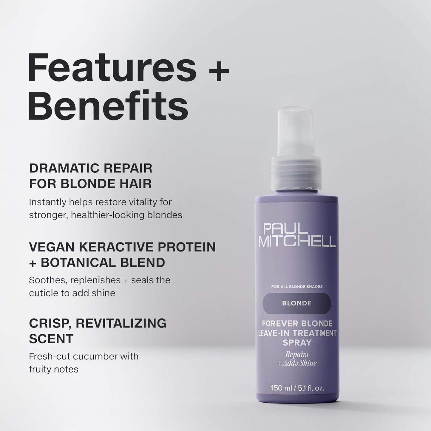 Paul Mitchell Forever Blonde Leave-In Treatment Spray, Repairs + Adds Shine, Ideal for Bleached + Lightened Hair, 150 Ml