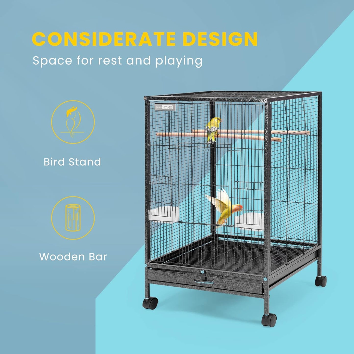 30 Inch Height Wrought Iron Bird Cage with Rolling Stand for Parrots Conure Lovebird Cockatiel Black