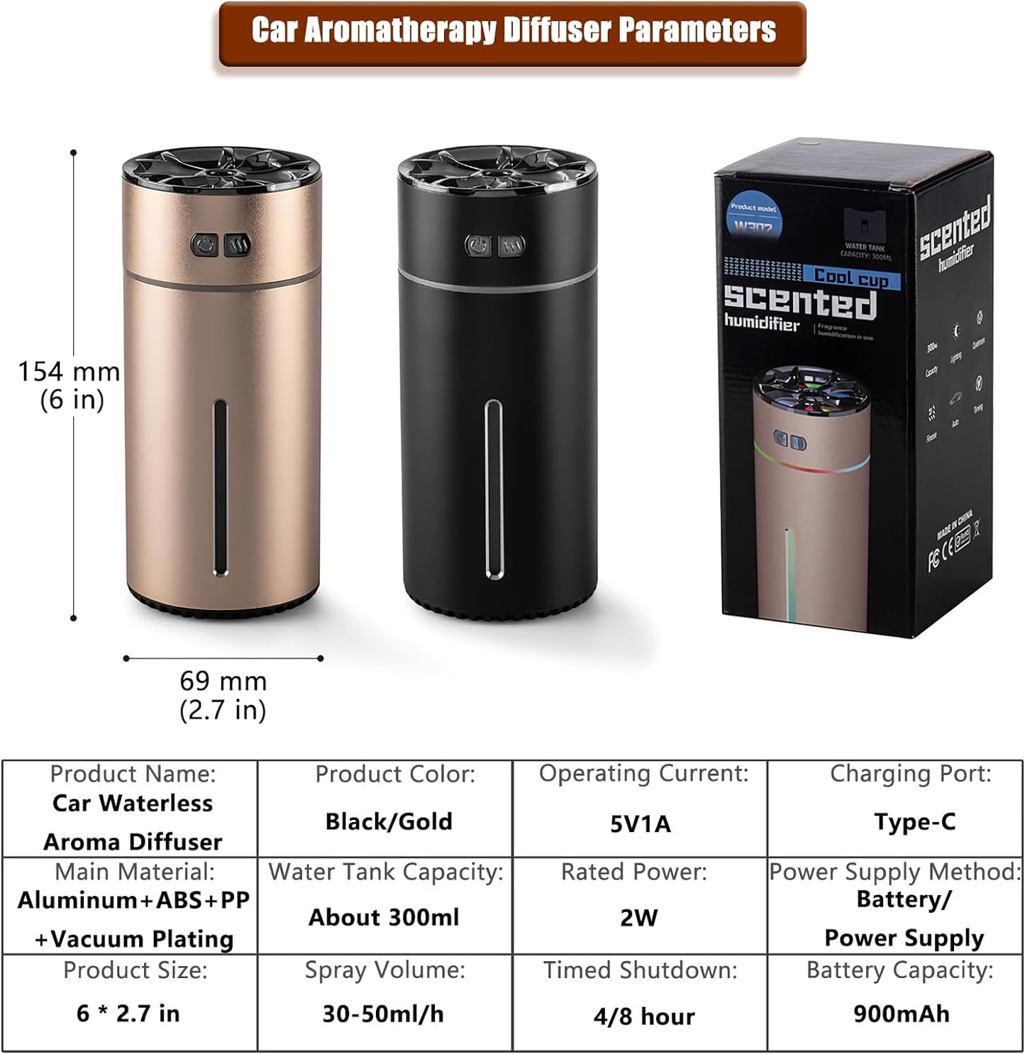 Waterless Car Diffuser for Essential Oils, 300Ml Dual Nozzle Battery Powered Humidifier, Smart Car Air Freshener Diffuser with Colorful Lights & Various Spray Modes for Cars Office Home(Black)