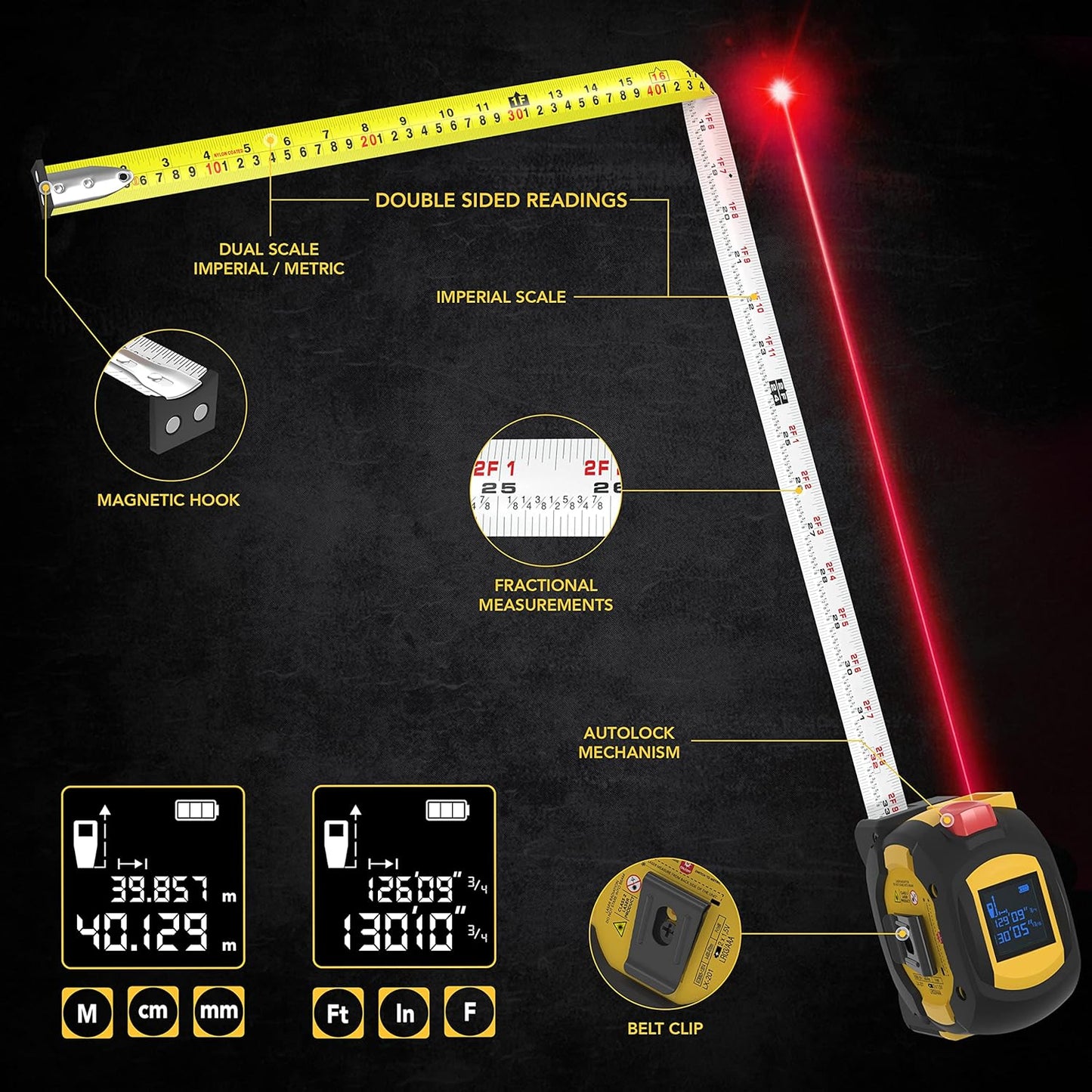 LEXIVON LX-201 2-in-1 Digital Laser Tape Measure - 130ft/40m Laser Distance Meter with 16ft/5m AutoLock Measuring Tape