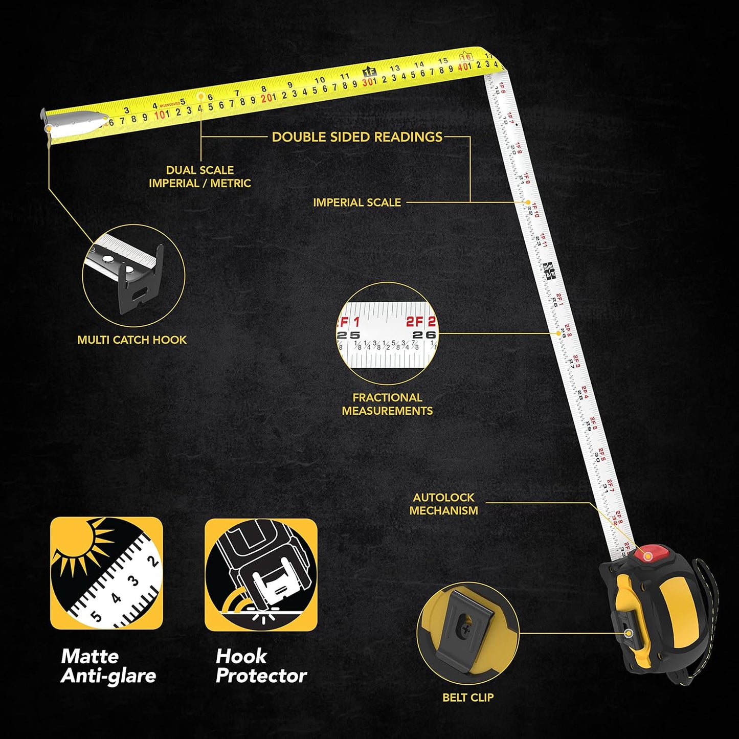LEXIVON LX-205 25ft/7.5m AutoLock Tape Measure - 1" Wide Blade with Nylon Coating & Dual-Sided Rule Print