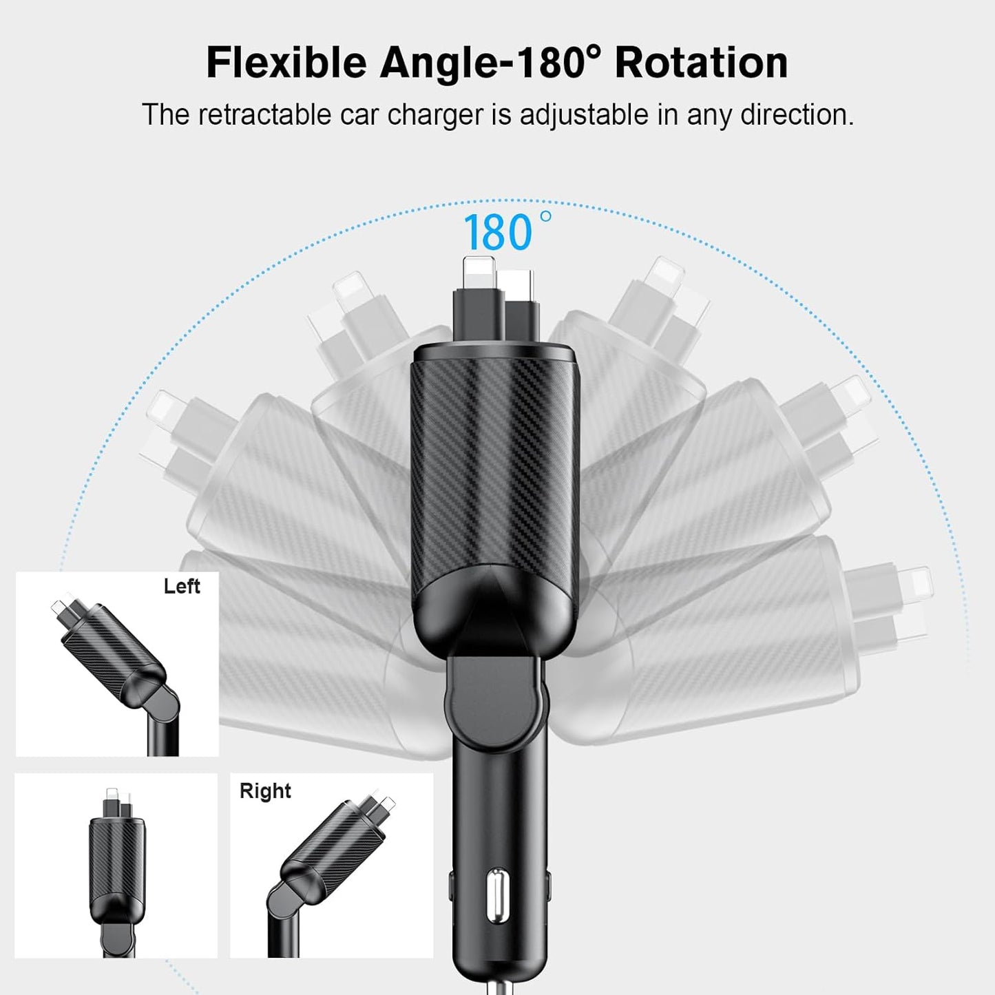 4-In-1 Retractable Car Charger Max 62W for Fast Charging Iphone 15/14/13/12Pro Max Plus,Ipad,Airpods, Galaxy,Google, Type-C/Lightning/Usb C/USB a Devices with Real QC 3.0 & PD 3.0 Car Adapter