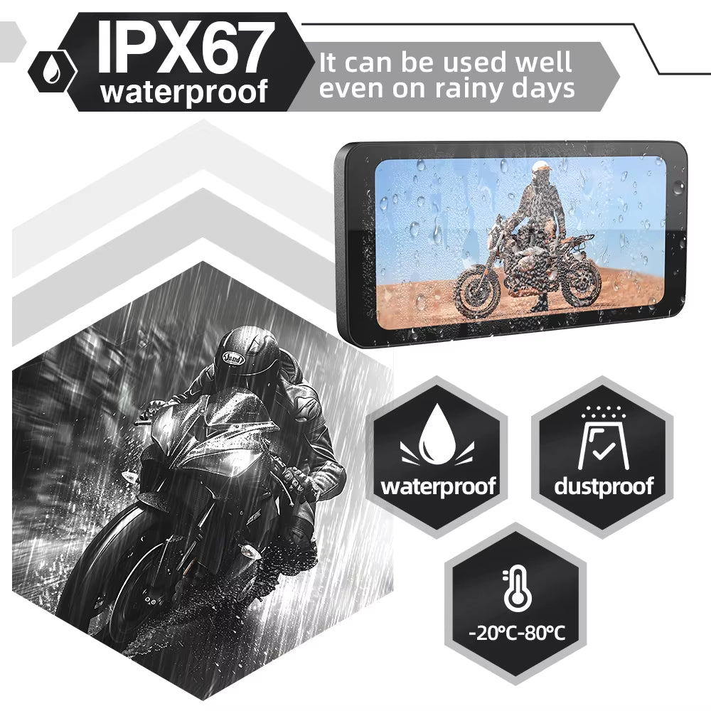 6.5Inch Motorcycle Carplay Android Auto Navigation Monitor Tire Pressure Display Portable IPS Screen Waterproof AUX Bluetooth