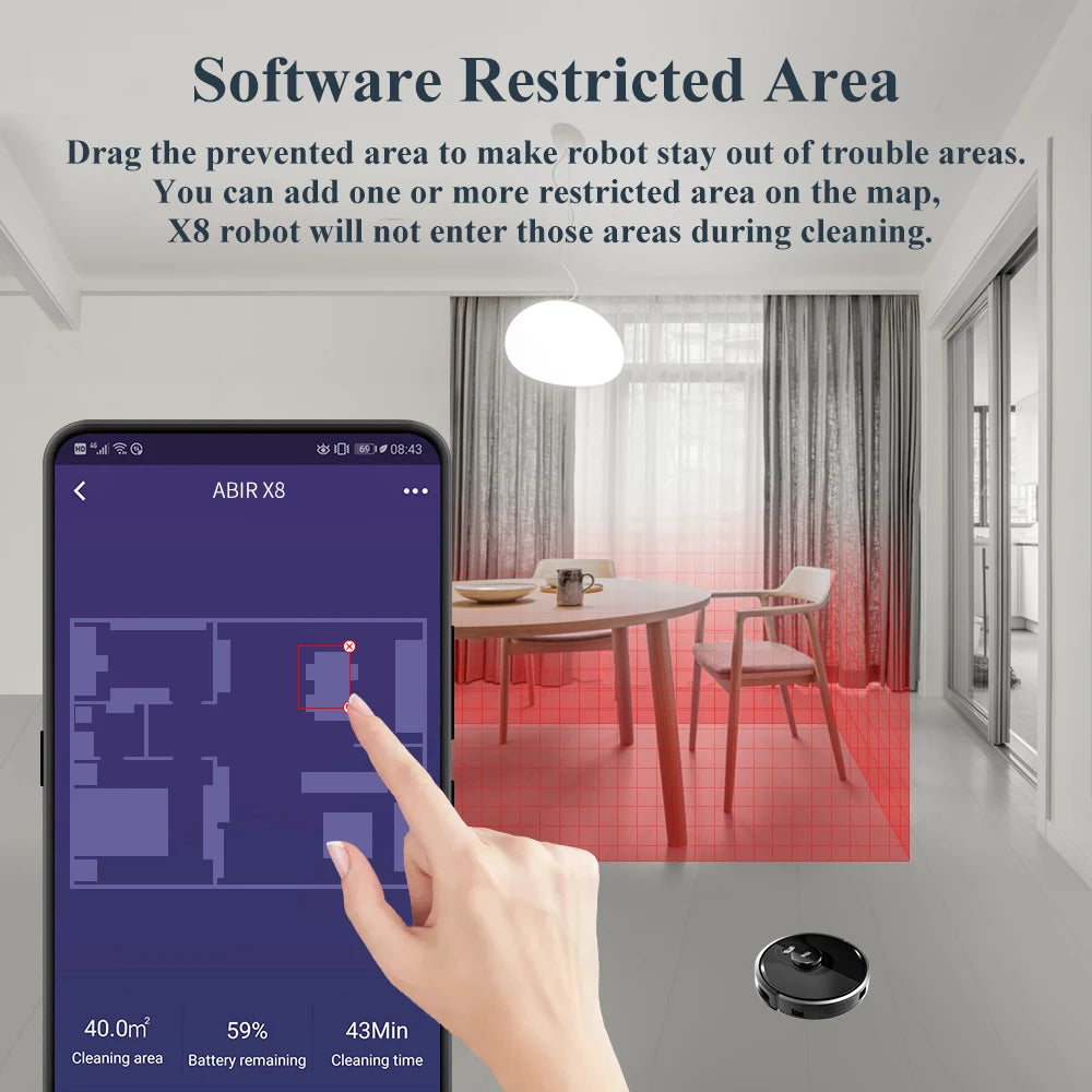 ABIR X8 Smart Laser Robot Vacuum - Multi-Floor Mapping with Zone Control & Restricted Area Technology