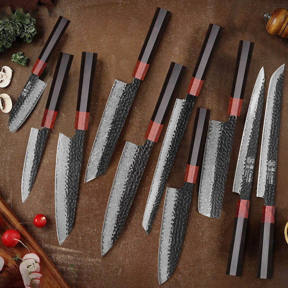 F.YOUNG Japanese Damascus Steel Chef Knife - Professional Hand-Forged Kitchen Knife for Meat Slicing, Sashimi & Precision Cutting