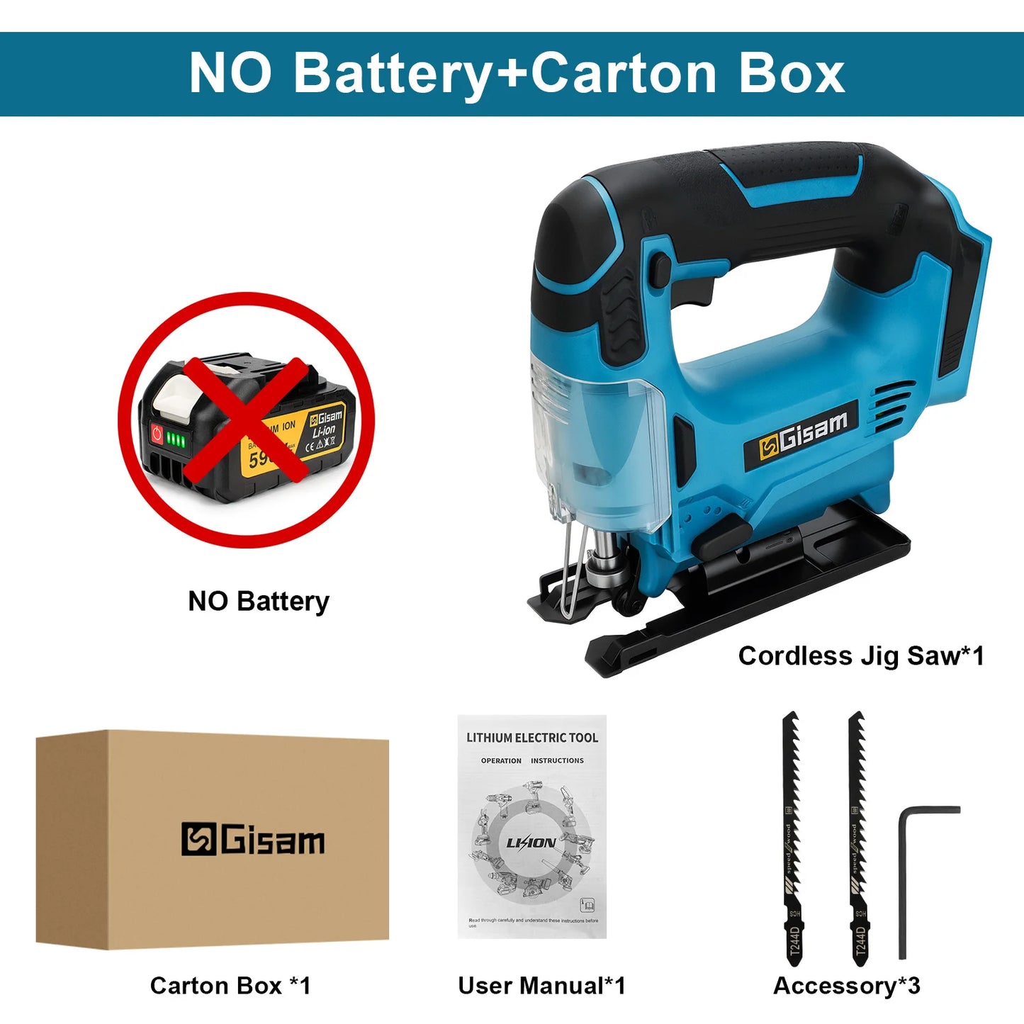 GISAM 26mm Cordless Electric Jigsaw - Portable Multi-Function Wood Cutting Saw (Tool Only - Makita 18V Battery Compatible)