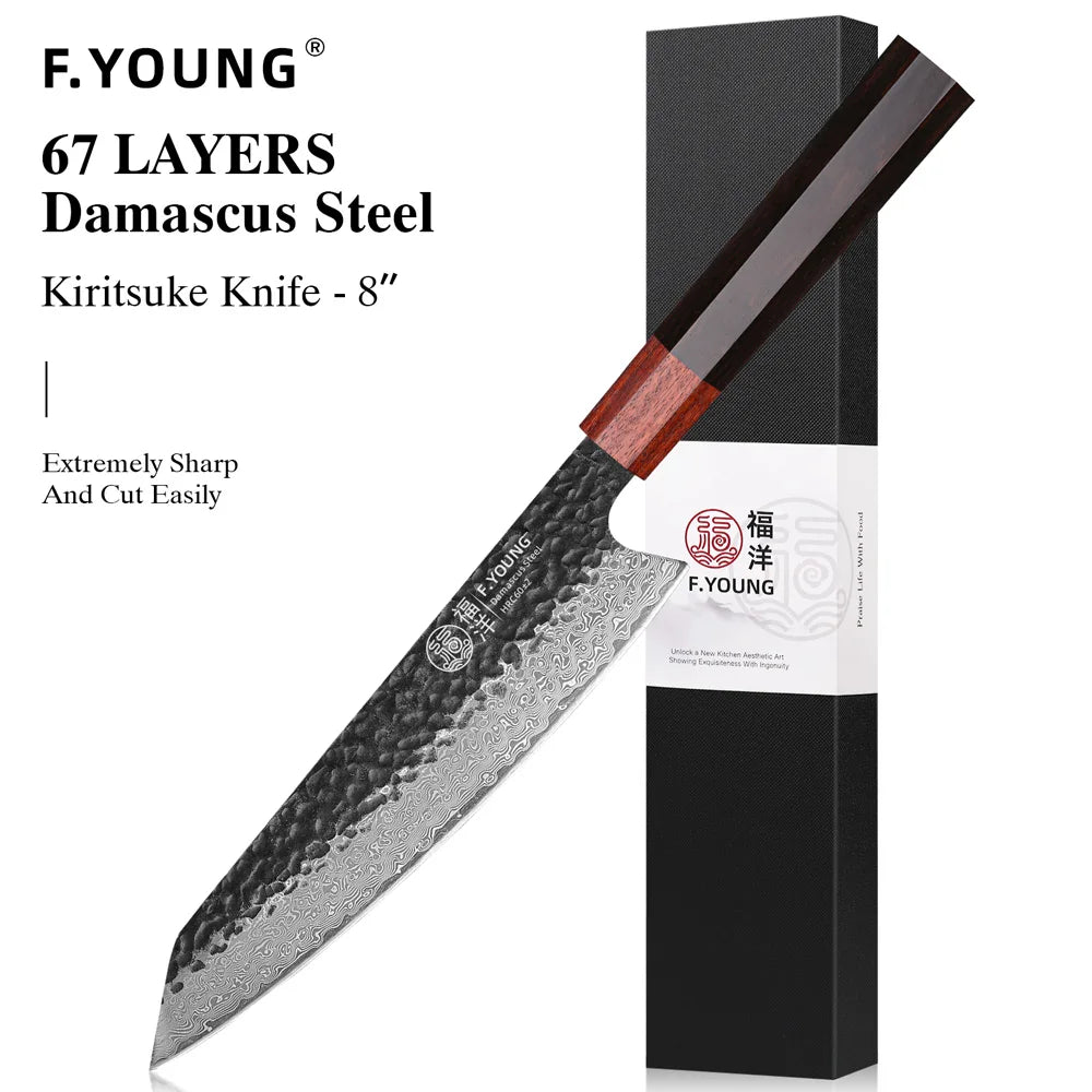 F.YOUNG Japanese Damascus Steel Chef Knife - Professional Hand-Forged Kitchen Knife for Meat Slicing, Sashimi & Precision Cutting