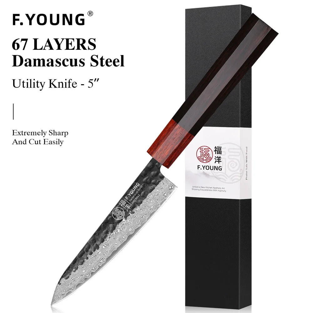 F.YOUNG Japanese Damascus Steel Chef Knife - Professional Hand-Forged Kitchen Knife for Meat Slicing, Sashimi & Precision Cutting