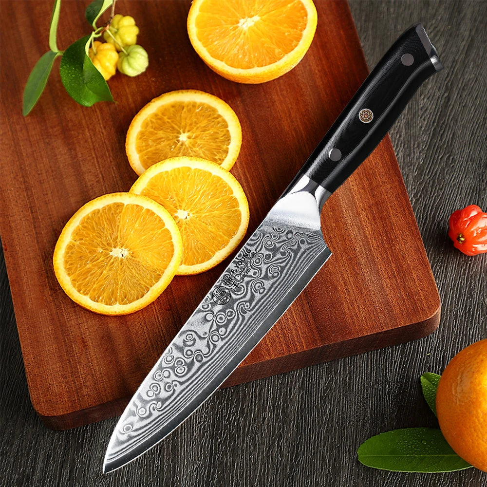 F.YOUNG 5-Inch Damascus Steel Utility Knife - 67-Layer Professional Kitchen Knife with G10 Handle for Fruit Peeling & Vegetable Prep