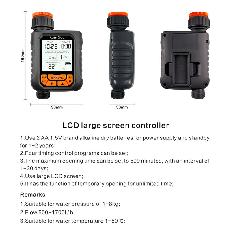 Rain Seer Smart Garden Irrigation Timer - Large LCD Display Waterproof Automatic Watering Controller with Rainfall Detection