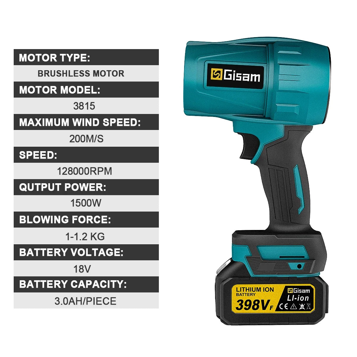 Gisam 200M/S Brushless Turbo Electric Blower - Professional Handheld Jet Fan & Car Dryer (Compatible with Makita 18V Battery)