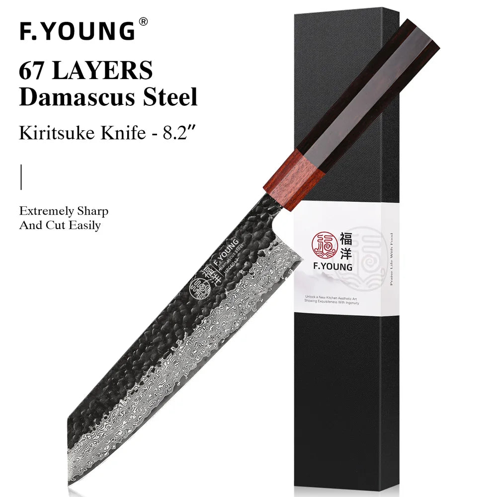 F.YOUNG Japanese Damascus Steel Chef Knife - Professional Hand-Forged Kitchen Knife for Meat Slicing, Sashimi & Precision Cutting