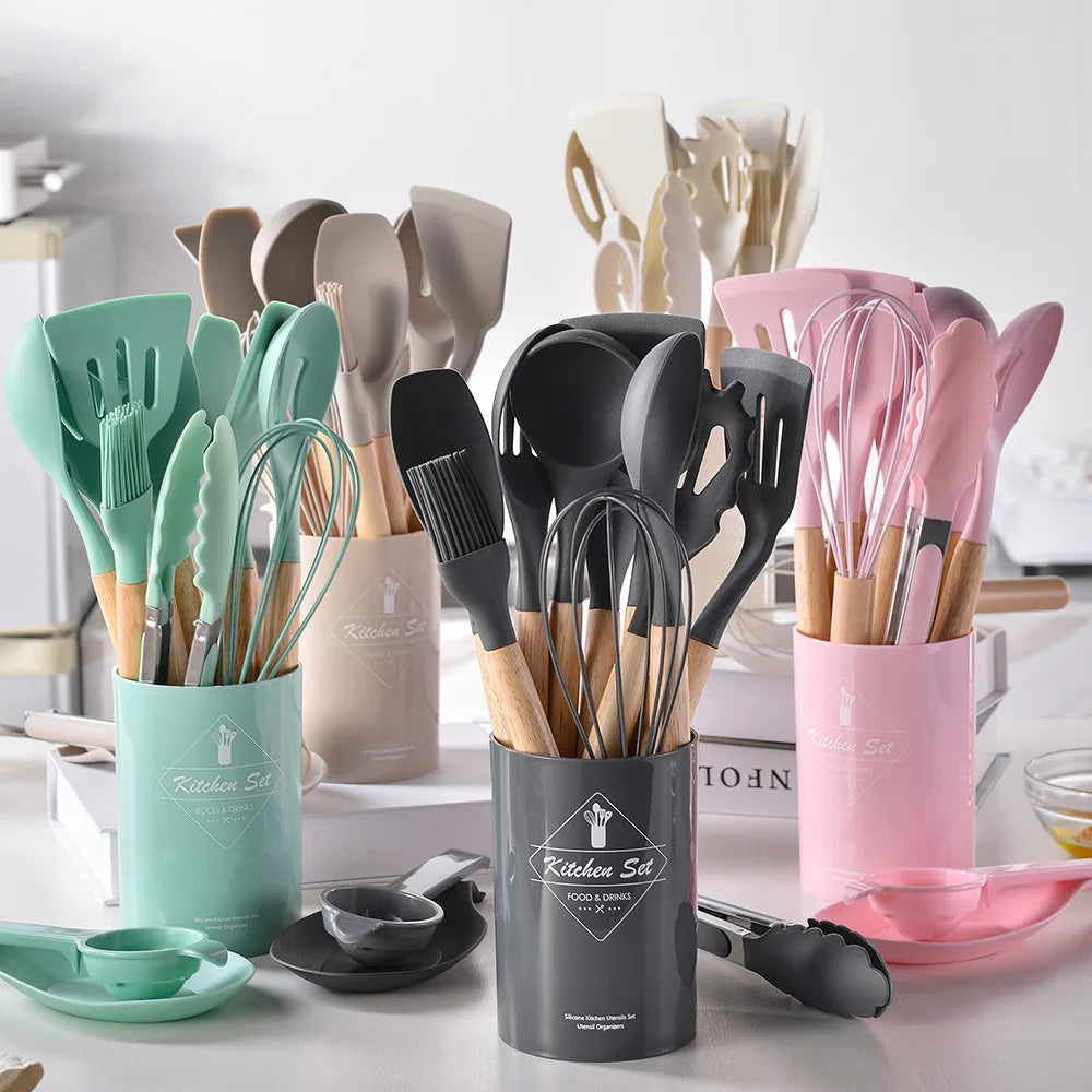 12-Piece Premium Silicone Kitchen Utensil Set - Non-Stick Cookware Tools with Wooden Handles