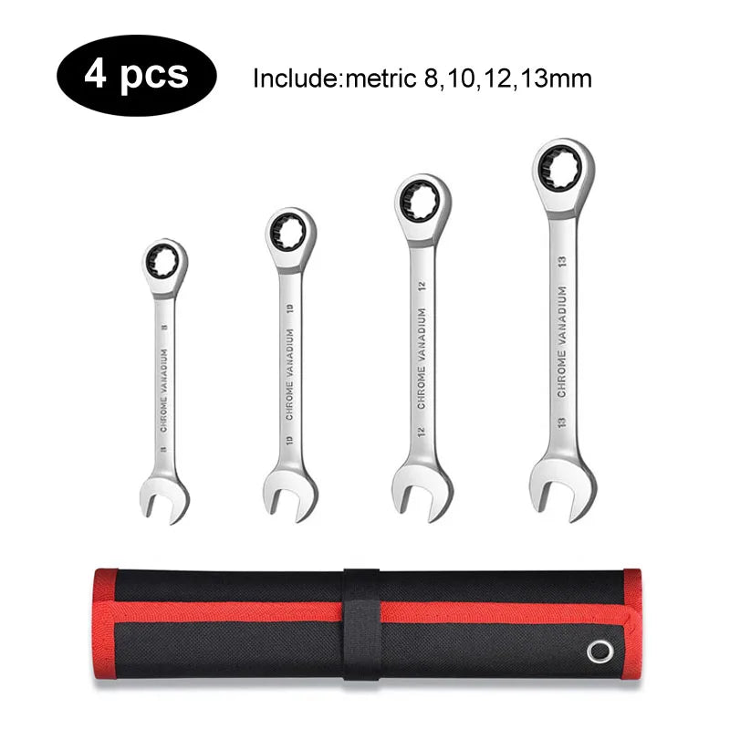 Professional Ratcheting Combination Wrench Set - CR-V Steel 12-Point Box End Metric Sizes (4 or 5-Piece Options)