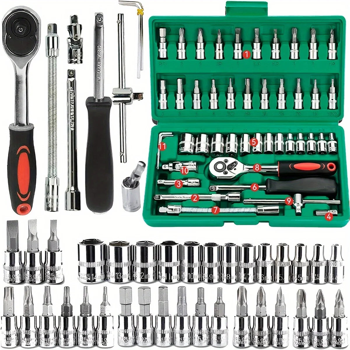 Professional 46-Piece Drive Socket Set - Complete 1/4" Ratchet & Wrench Kit with Metric Hex Bits