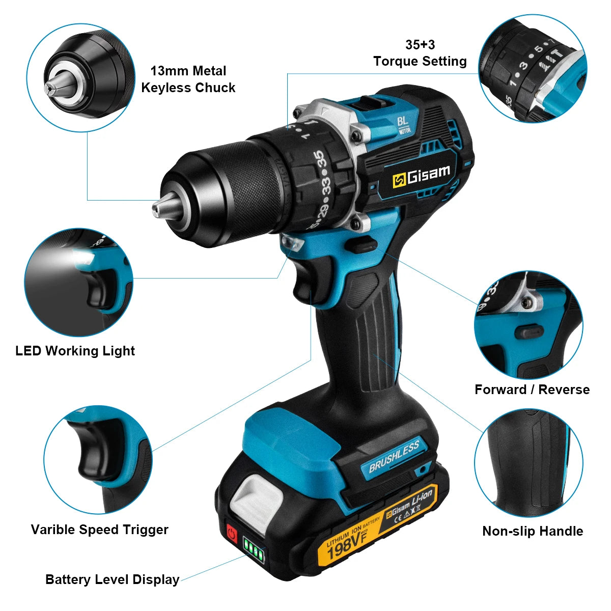 Gisam 65N.m Brushless Cordless Impact Drill - 13mm Chuck with 35+3 Torque Settings (Tool Only - Makita 18V Battery Compatible)