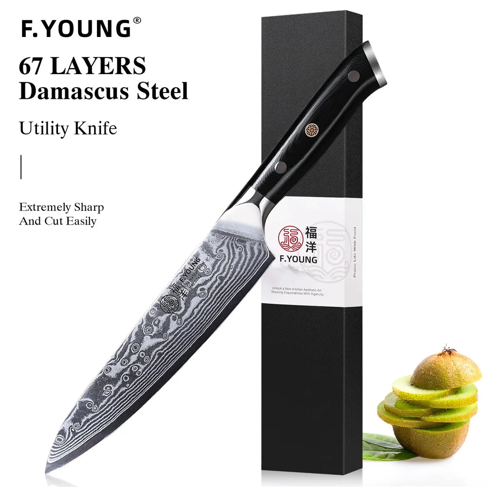 F.YOUNG 5-Inch Damascus Steel Utility Knife - 67-Layer Professional Kitchen Knife with G10 Handle for Fruit Peeling & Vegetable Prep