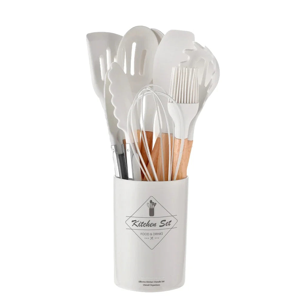 12-Piece Premium Silicone Kitchen Utensil Set - Non-Stick Cookware Tools with Wooden Handles