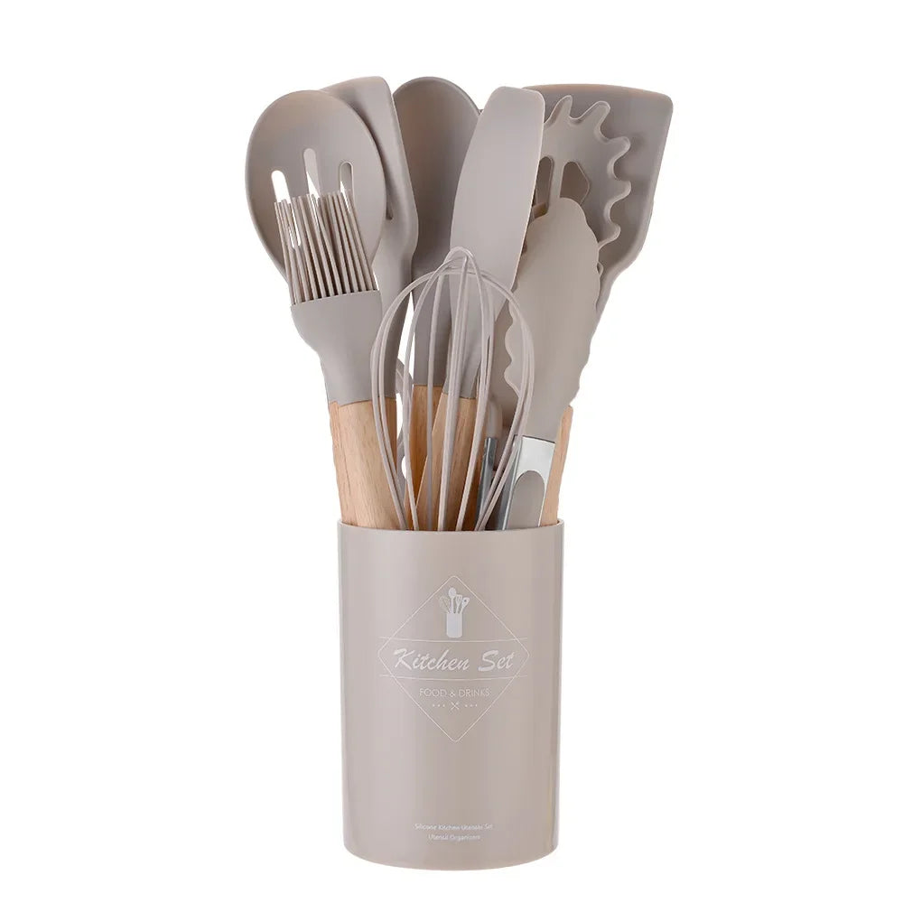 12-Piece Premium Silicone Kitchen Utensil Set - Non-Stick Cookware Tools with Wooden Handles