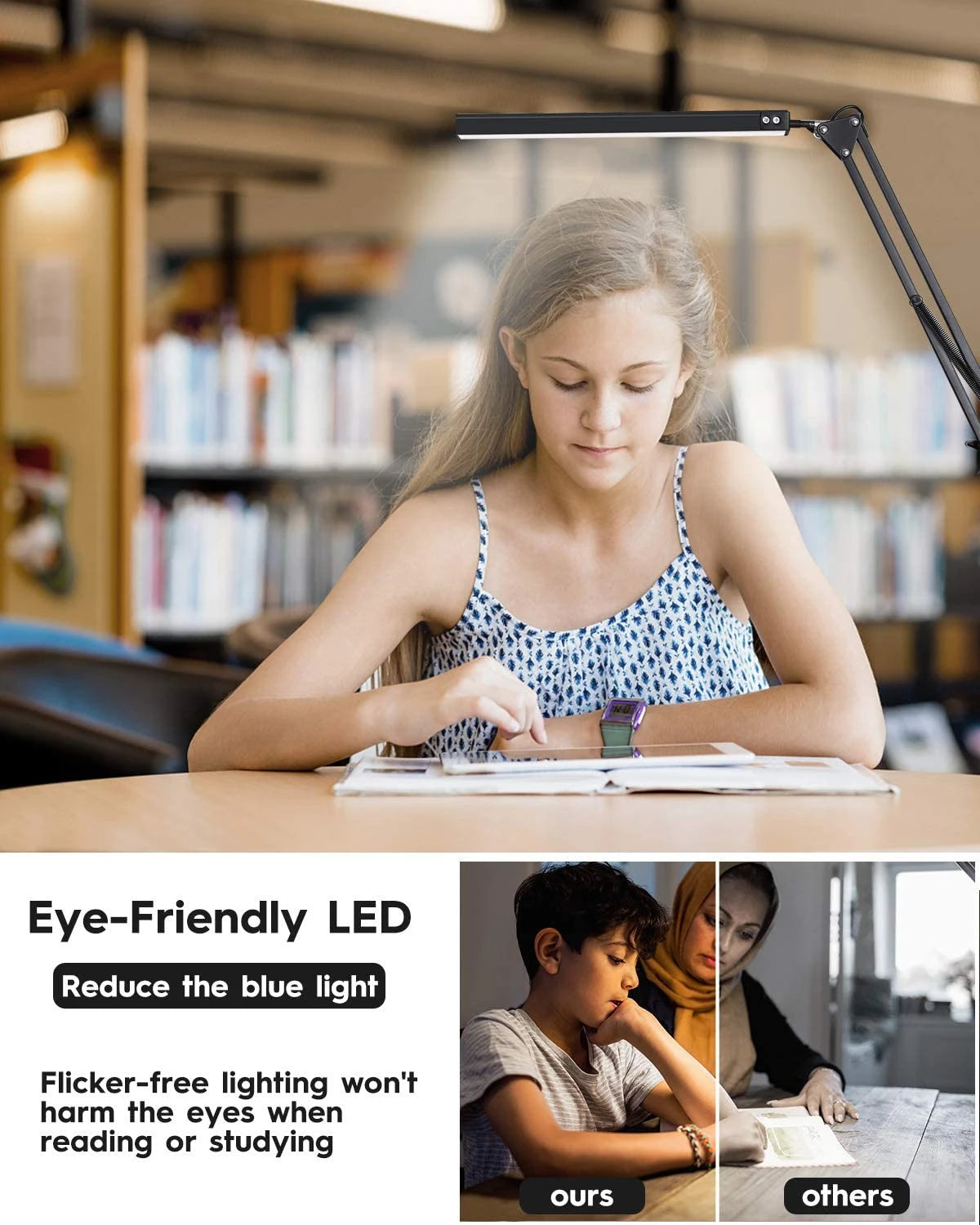 LED Folding Metal Desk Lamp Clip on Light Clamp Long Arm Diming Table Lamp 3 Colors Adjustable for Living Room Reading Computers