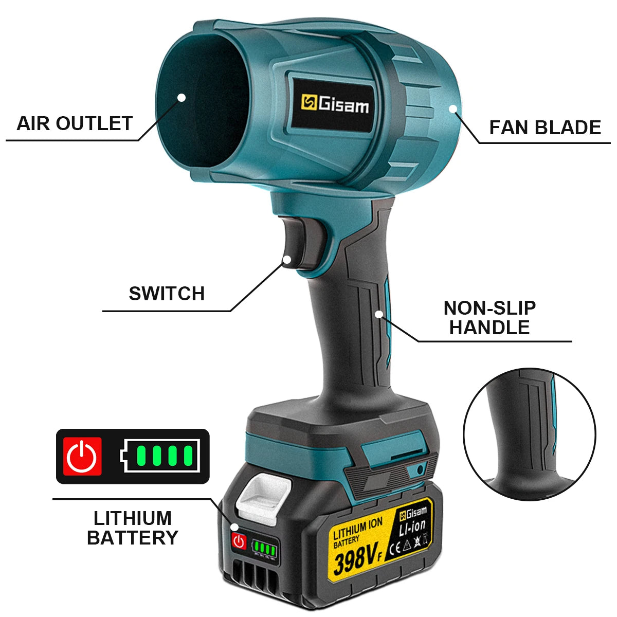 Gisam 200M/S Brushless Turbo Electric Blower - Professional Handheld Jet Fan & Car Dryer (Compatible with Makita 18V Battery)
