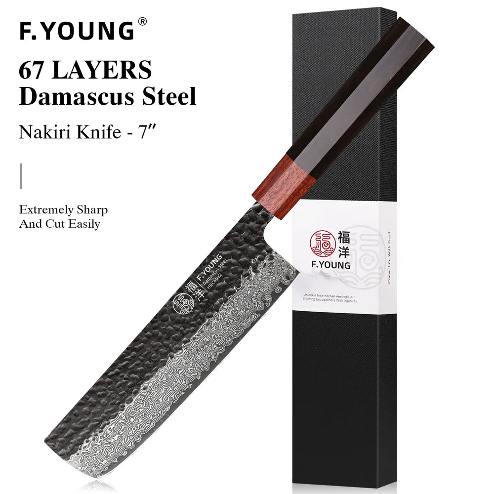 F.YOUNG Japanese Damascus Steel Chef Knife - Professional Hand-Forged Kitchen Knife for Meat Slicing, Sashimi & Precision Cutting
