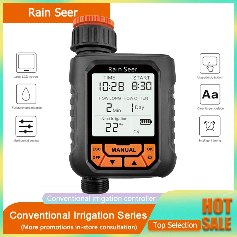 Rain Seer Smart Garden Irrigation Timer - Large LCD Display Waterproof Automatic Watering Controller with Rainfall Detection