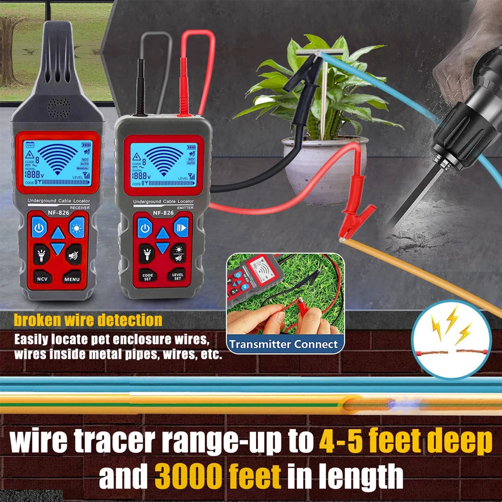 Noyafa NF-826 Professional Underground Cable Tracker - Anti-Interference Wire Locator & Pipe Detector