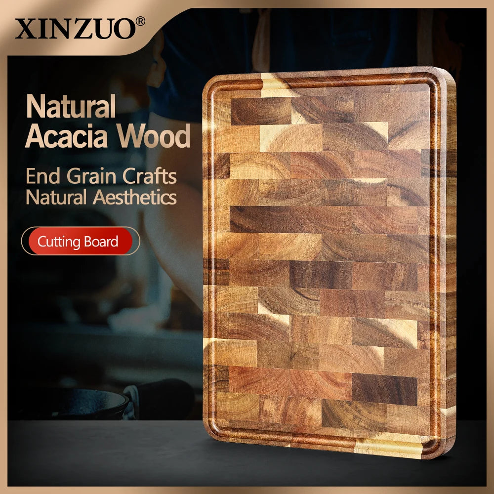 XINZUO Premium Acacia Wood Cutting Board - Non-Slip Kitchen Chopping Block for Bread, Fruit & Meat Preparation
