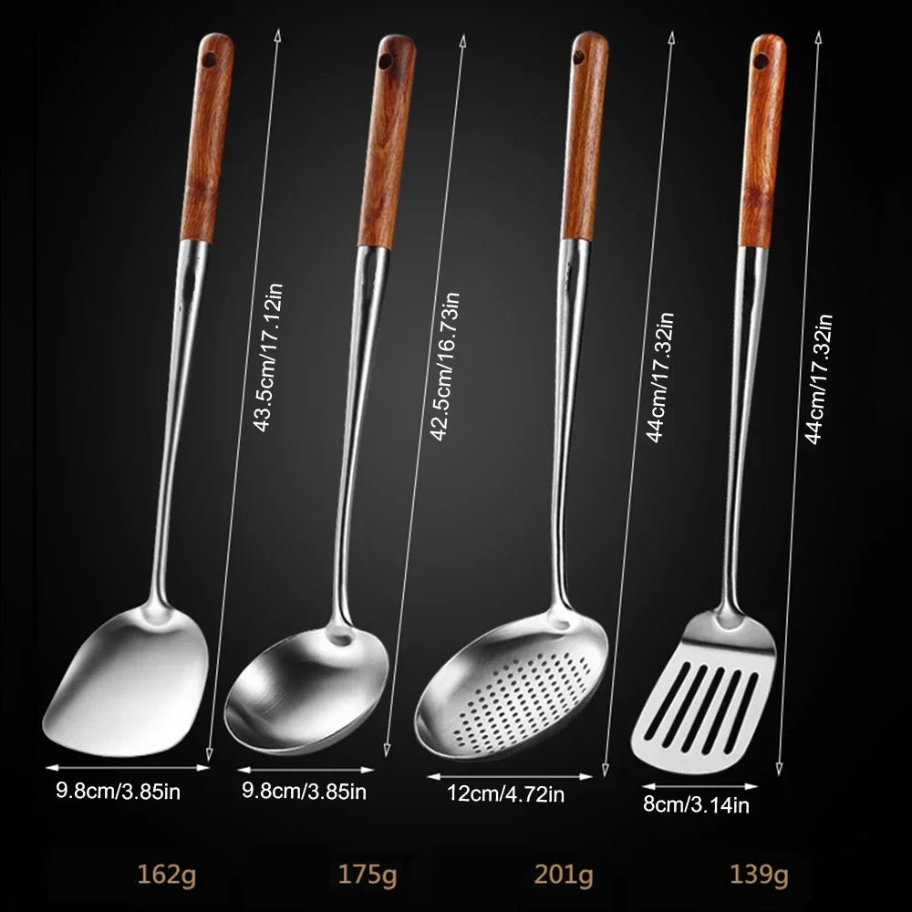 4-Piece Premium Stainless Steel Kitchen Utensil Set - Wooden Handle Spatula, Spoon & Ladle Collection for Home Cooking