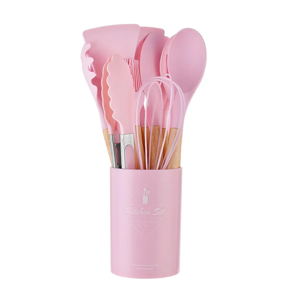 12-Piece Premium Silicone Kitchen Utensil Set - Non-Stick Cookware Tools with Wooden Handles
