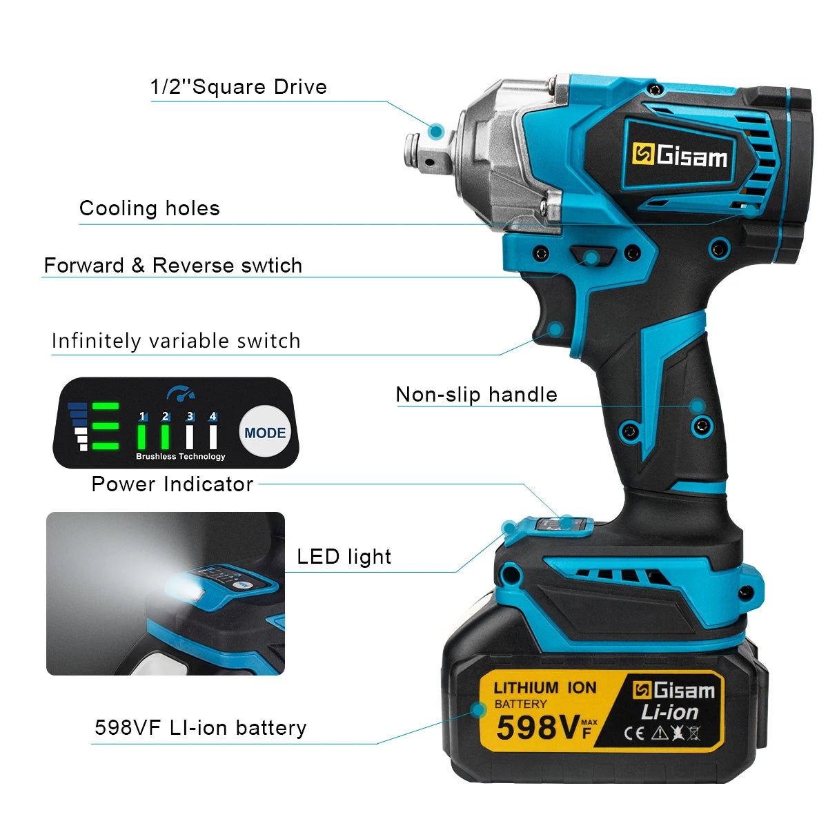 Gisam 1200N.m High-Torque Brushless Impact Wrench - 1/2" Drive Cordless Power Tool (Tool Only - Makita 18V Battery Compatible)