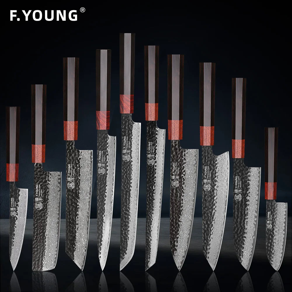 F.YOUNG Japanese Damascus Steel Chef Knife - Professional Hand-Forged Kitchen Knife for Meat Slicing, Sashimi & Precision Cutting