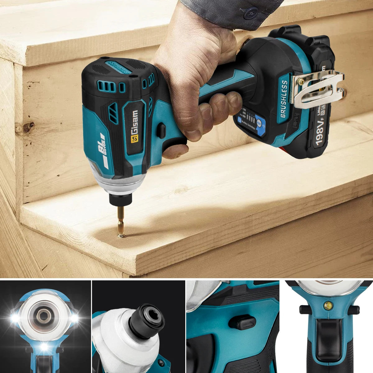 GISAM 588N.m Brushless Impact Driver - 4-Speed Cordless Electric Screwdriver with 1/4" Chuck & 3 LED Lights (Tool Only - Makita 18V Battery Compatible)
