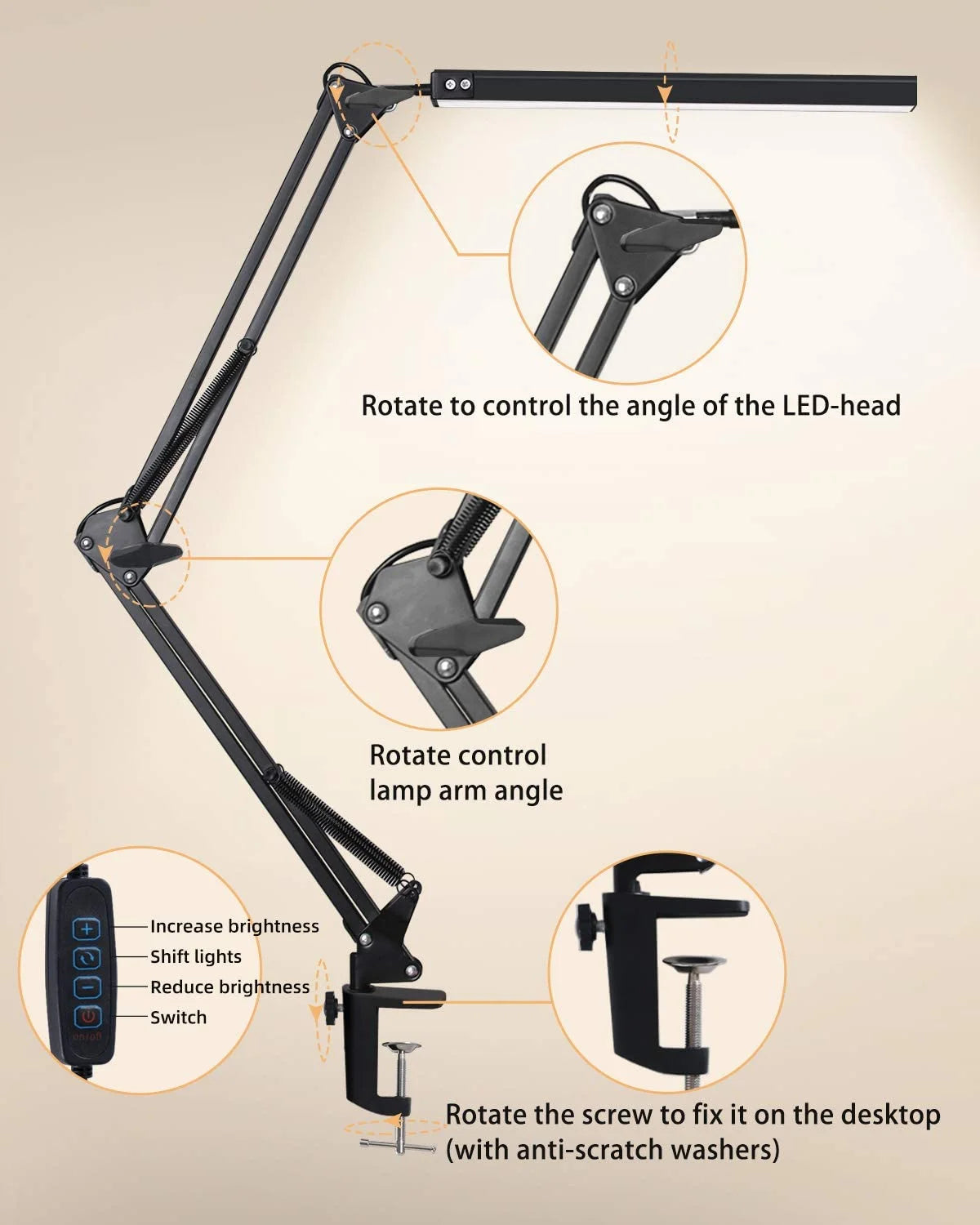LED Folding Metal Desk Lamp Clip on Light Clamp Long Arm Diming Table Lamp 3 Colors Adjustable for Living Room Reading Computers